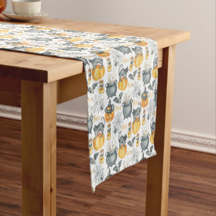 Whimsical Halloween Cauldron and Cats Pattern Short Table Runner