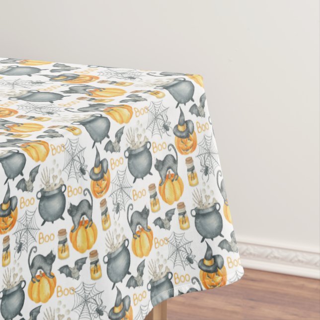 Whimsical Halloween Cauldron and Cats Pattern Tablecloth (In Situ)
