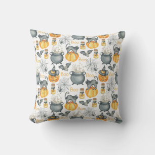 Whimsical Halloween Cauldron and Cats Pattern Throw Pillow