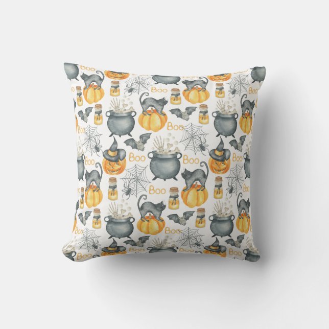 Whimsical Halloween Cauldron and Cats Pattern Throw Pillow (Front)