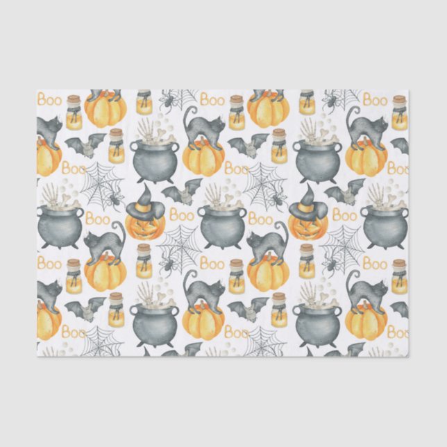 Whimsical Halloween Cauldron and Cats Pattern Tissue Paper (Front)