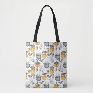 Whimsical Halloween Cauldron and Cats Pattern Tote Bag