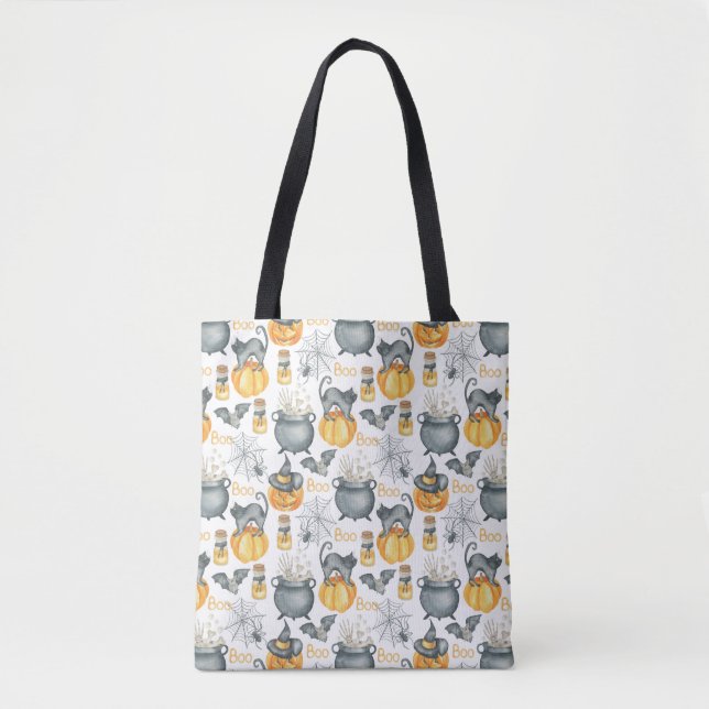 Whimsical Halloween Cauldron and Cats Pattern Tote Bag (Front)