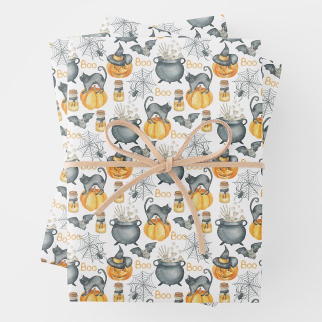 Whimsical Halloween Cauldron and Cats Pattern Wrapping Paper Sheet (In situ)