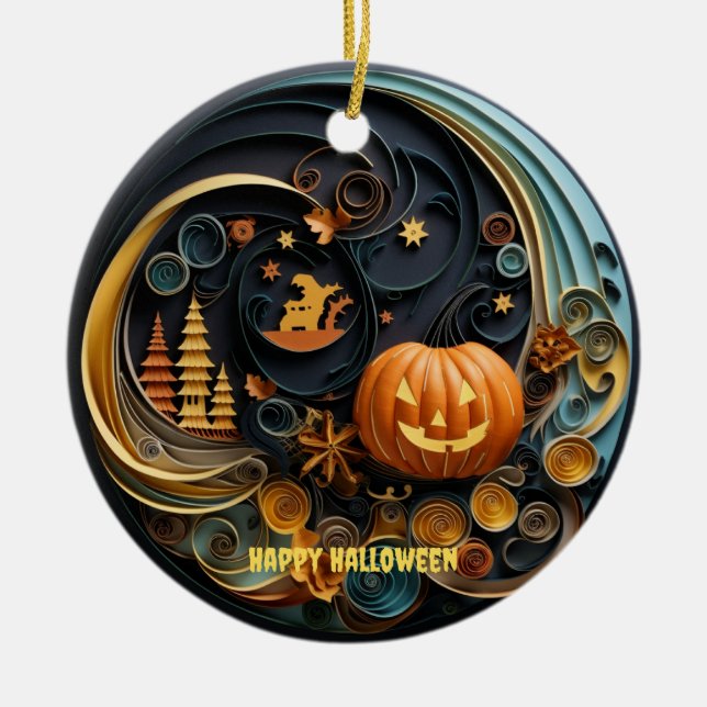 Whimsical Halloween Ceramic Ornament, Paper Quill Ceramic Ornament (Front)