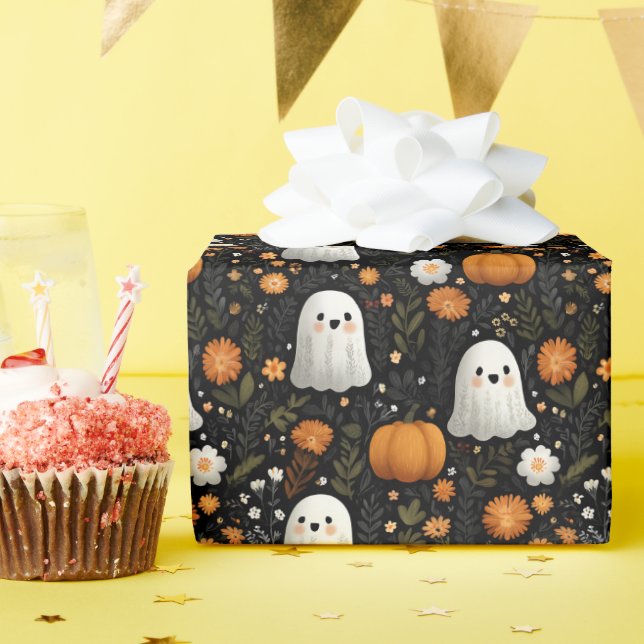 Whimsical Halloween Cute Ghosts & Pumpkins Design Wrapping Paper (Birthday Party)
