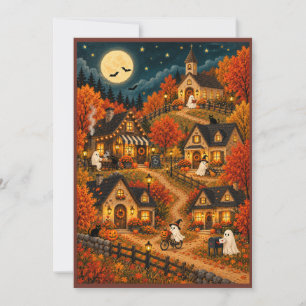 Whimsical Halloween Ghost Village Greeting Card