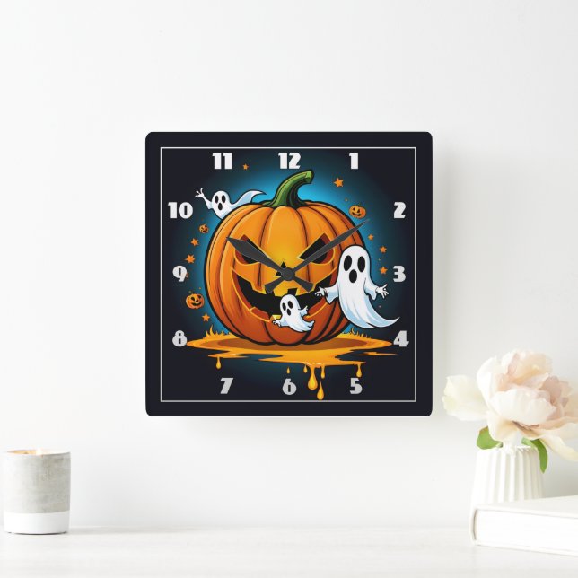 Whimsical Halloween ghosts around a spooky pumpkin Square Wall Clock (Home)