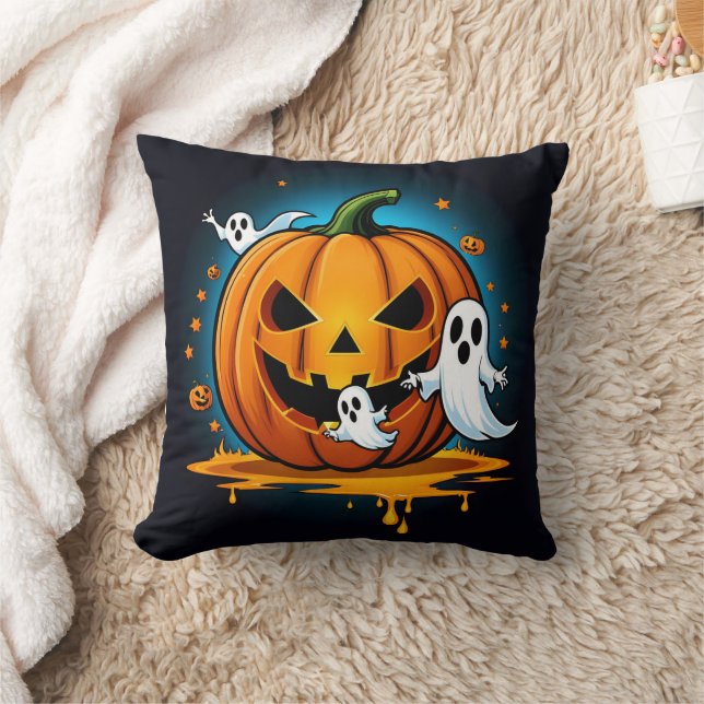 Whimsical Halloween ghosts around a spooky pumpkin Throw Pillow (Blanket)