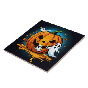Whimsical Halloween ghosts around a spooky pumpkin Tile