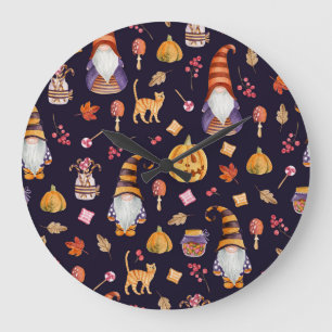 Whimsical Halloween: Gnomes & Pumpkins Large Clock
