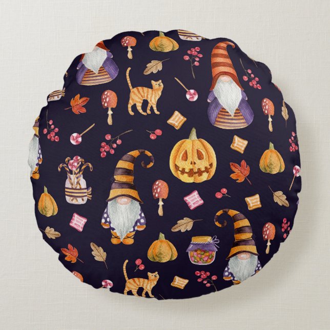 Whimsical Halloween: Gnomes & Pumpkins Round Pillow (Front)