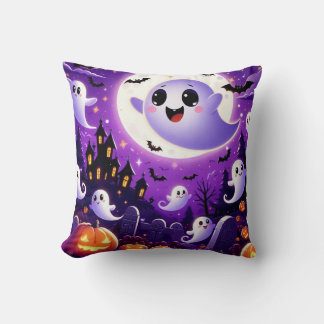 Whimsical Halloween Graveyard Scene – Cute Ghosts Throw Pillow