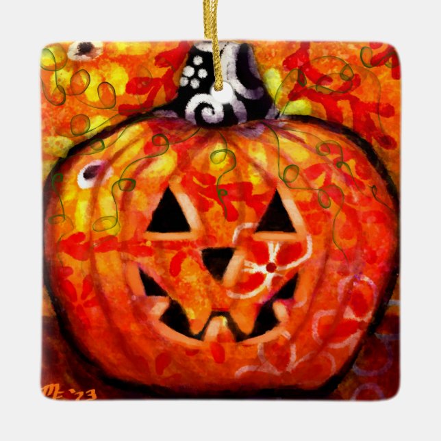 Whimsical Halloween Jack-O-Lantern Abstract  Ceramic Ornament (Front)