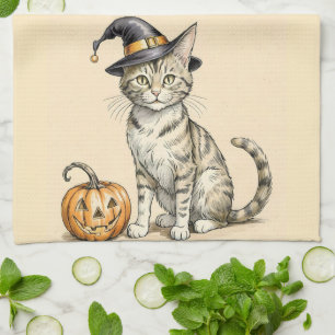 Whimsical Halloween Kitten Kitchen Towel, Fall Cat Towel