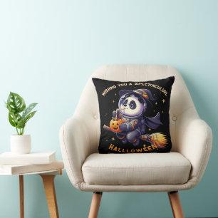 Whimsical Halloween Night: Panda Astronaut Glides Throw Pillow