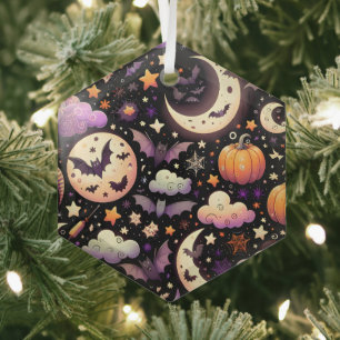 Whimsical Halloween Night Sky Pattern Glass Ornament