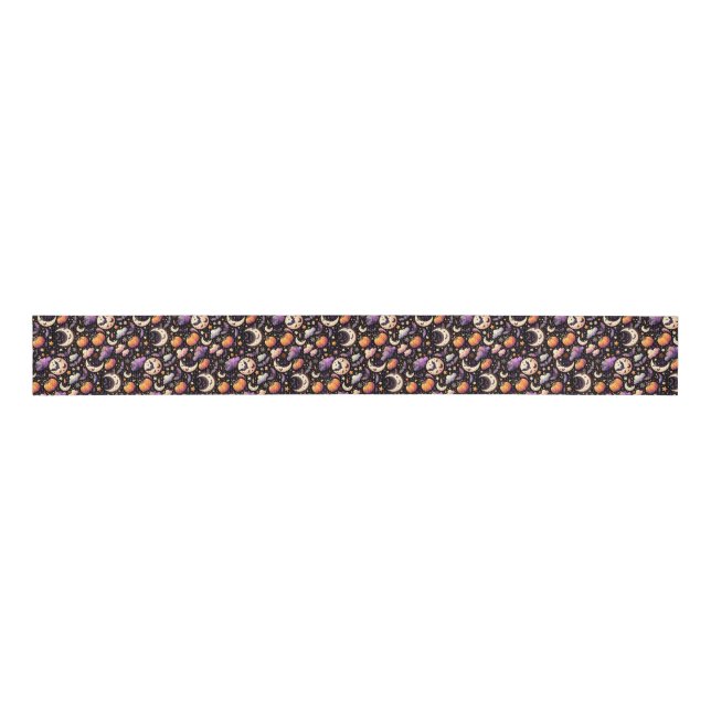 Whimsical Halloween Night Sky Pattern Grosgrain Ribbon (Front)