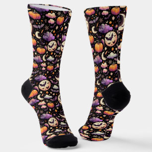 Whimsical Halloween Night Sky Pattern Socks