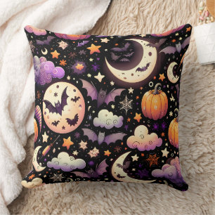 Whimsical Halloween Night Sky Pattern Throw Pillow