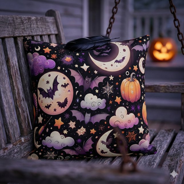 Whimsical Halloween Night Sky Pattern Throw Pillow (Whimsical Halloween Night Sky Pattern Throw Pillow Mockup B)