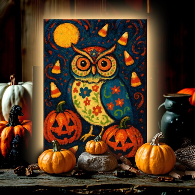 Whimsical Halloween Owl Folk Art Candy Corn Night Card (Whimsical folk art owl under moonlight with pumpkins, candy, and blooms for Halloween cheer.)