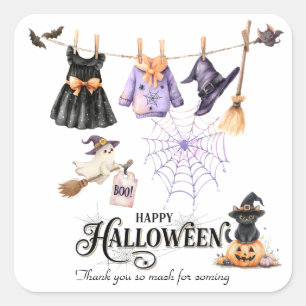 Whimsical Halloween Party Cute Witch and Spooky Square Sticker