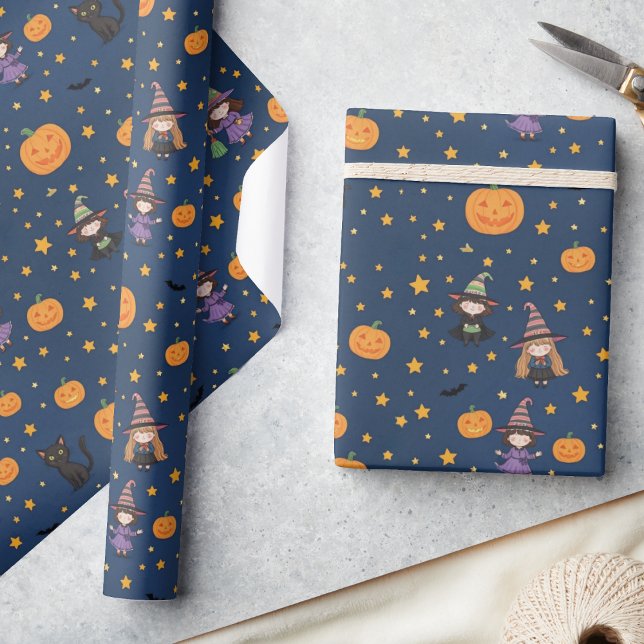 Whimsical Halloween Pumpkin Cat Witch Gift Wrap (Creator Uploaded)