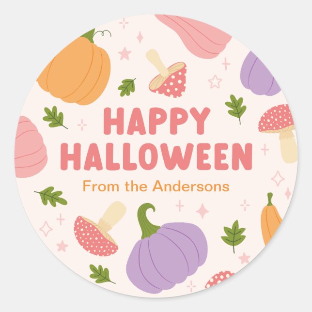 Whimsical Halloween Pumpkins and Mushrooms Classic Round Sticker (Front)