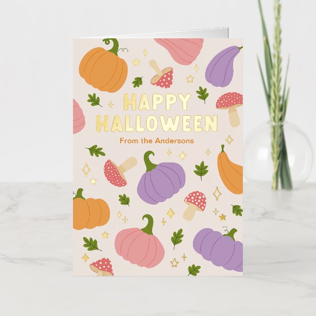 Whimsical Halloween Pumpkins and Mushrooms Foil Greeting Card (Front)