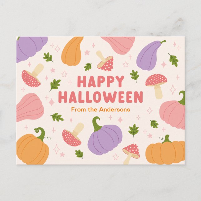 Whimsical Halloween Pumpkins and Mushrooms Postcard (Front)