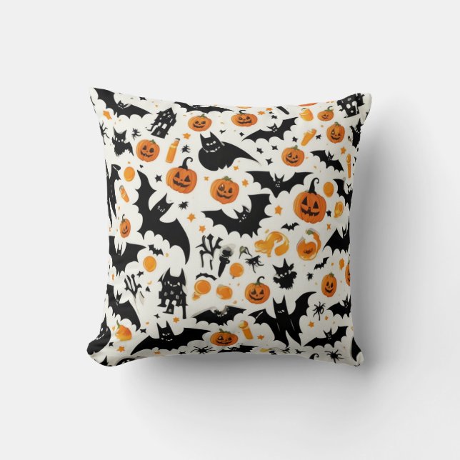 Whimsical Halloween Pumpkins & Bats Pattern Throw  Throw Pillow (Front)