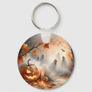 Whimsical Halloween scene with pumpkin and ghosts Keychain