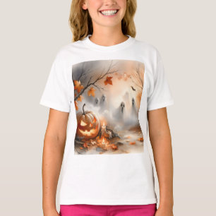 Whimsical Halloween scene with pumpkin and ghosts T-Shirt