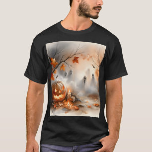Whimsical Halloween scene with pumpkin and ghosts T-Shirt