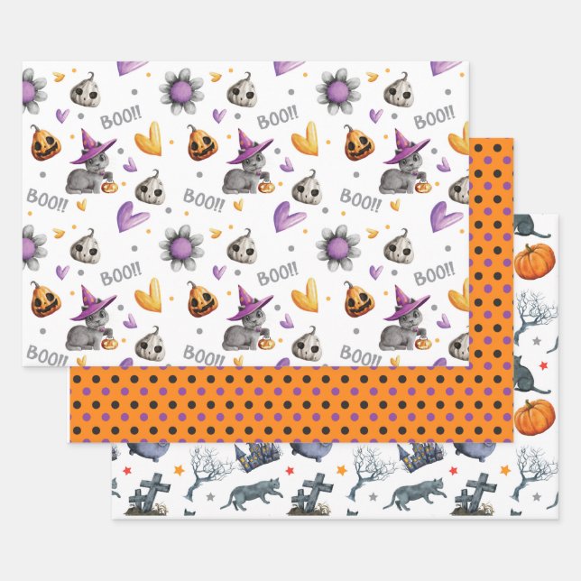 Whimsical Halloween Set of 3  Wrapping Paper Sheet (Set)