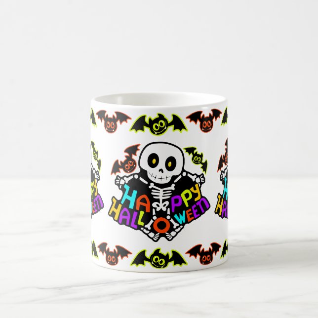 Whimsical Halloween Skeleton and Bats Design Coffee Mug (Center)