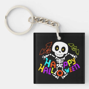 Whimsical Halloween Skeleton and Bats Design Keychain