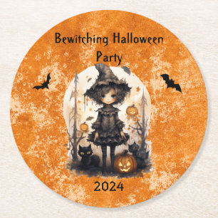 Whimsical Halloween Witch and Her Feline Friends Round Paper Coaster