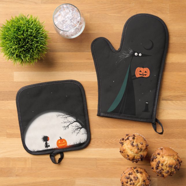 Whimsical Halloween Witch and Pumpkin Oven Mitt & Pot Holder Set (Top Down)