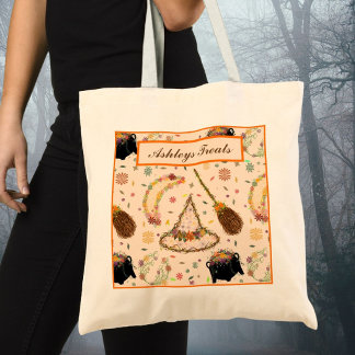 Whimsical Halloween Witch Botanical Boho  Tote Bag