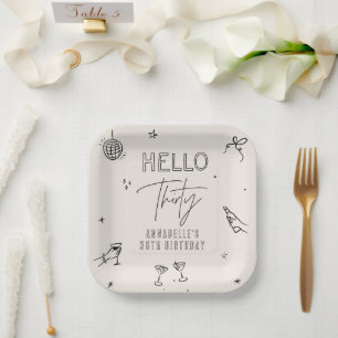 whimsical hand drawn 30th birthday drinks party paper plate