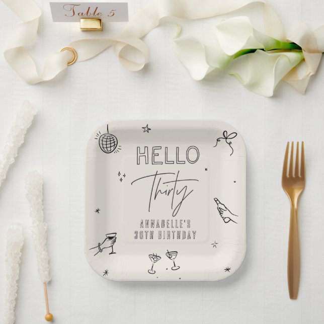 whimsical hand drawn 30th birthday drinks party paper plate (Wedding)