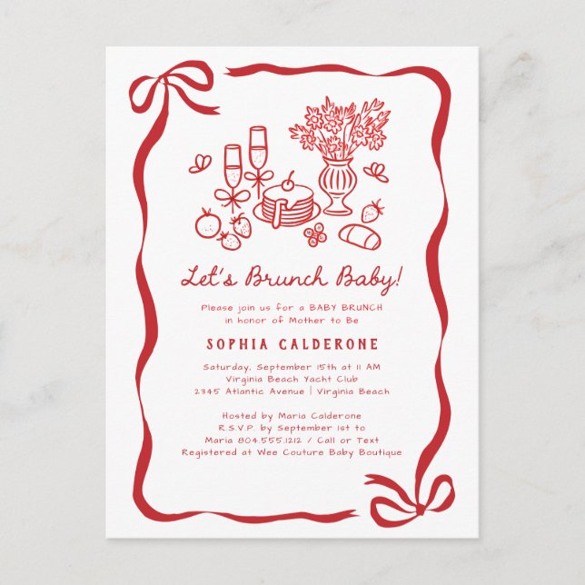 Whimsical Hand Drawn Baby Shower Brunch  Postcard (Front)