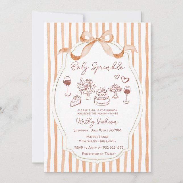 Whimsical Hand Drawn Baby Sprinkle Bow Ribbon Invitation (Front)