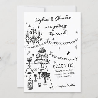 Whimsical Hand Drawn Black and White Wedding Invitation