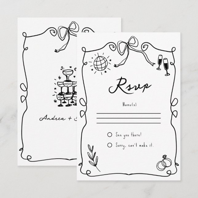 Whimsical Hand drawn Black and White Wedding RSVP Card (Front/Back)