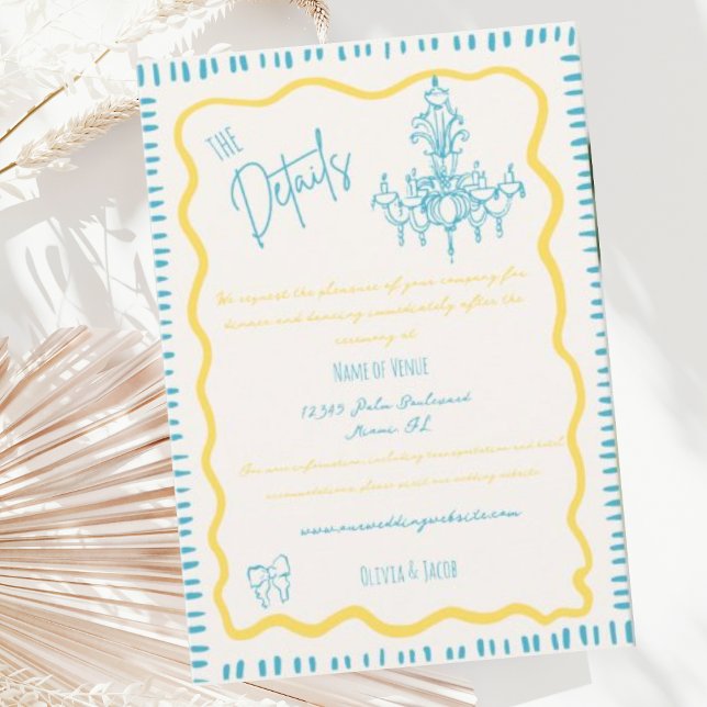 Whimsical Hand Drawn Blue Bow Wavy Wedding Details Enclosure Card (Creator Uploaded)