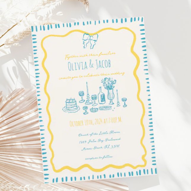 Whimsical Hand Drawn Blue Bow Wavy Wedding Invitation (Creator Uploaded)