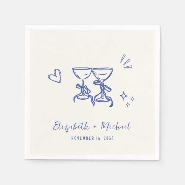 Whimsical Hand Drawn Blue Cream Wedding Napkin (Front)